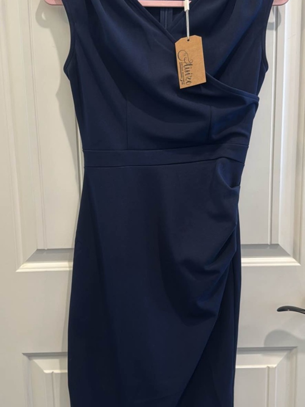 Sleeveless Navy Draped Sheath Dress